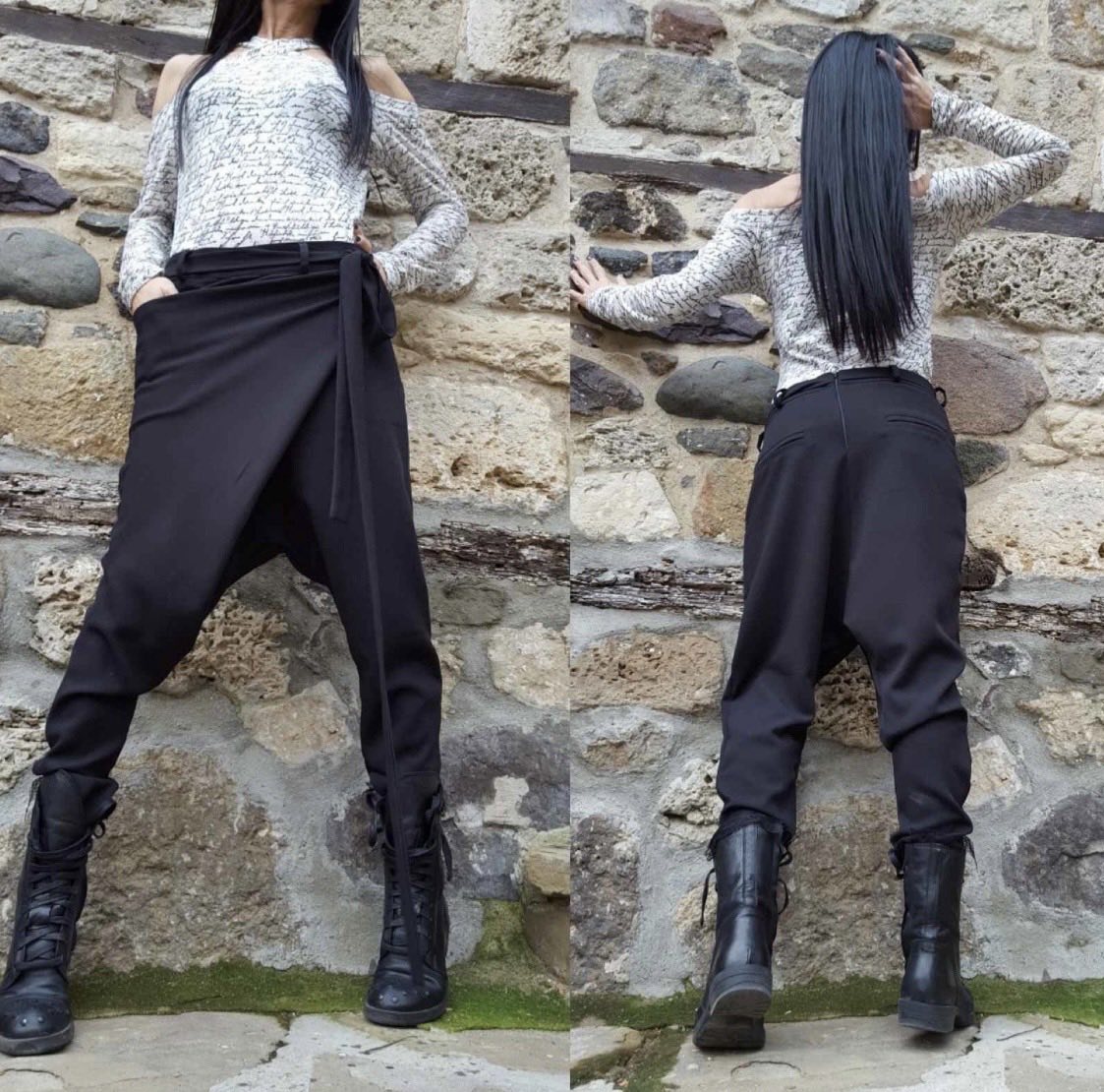 Black Asymmetric Cotton Harem Pants with Tie Detail  / Avant-Garde Trousers