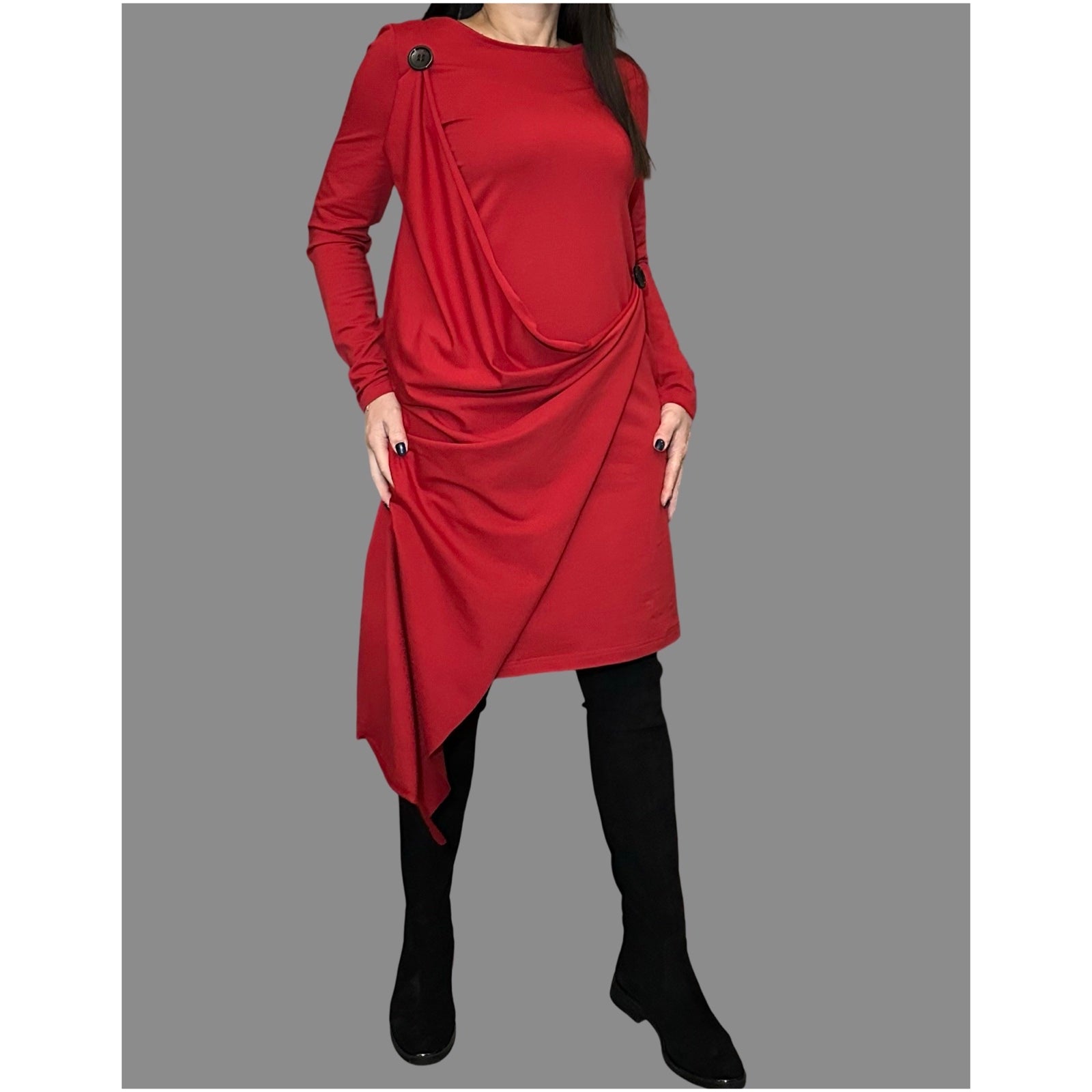 Red Asymmetrical Cotton Dress — Avant-Garde Draped Tunic