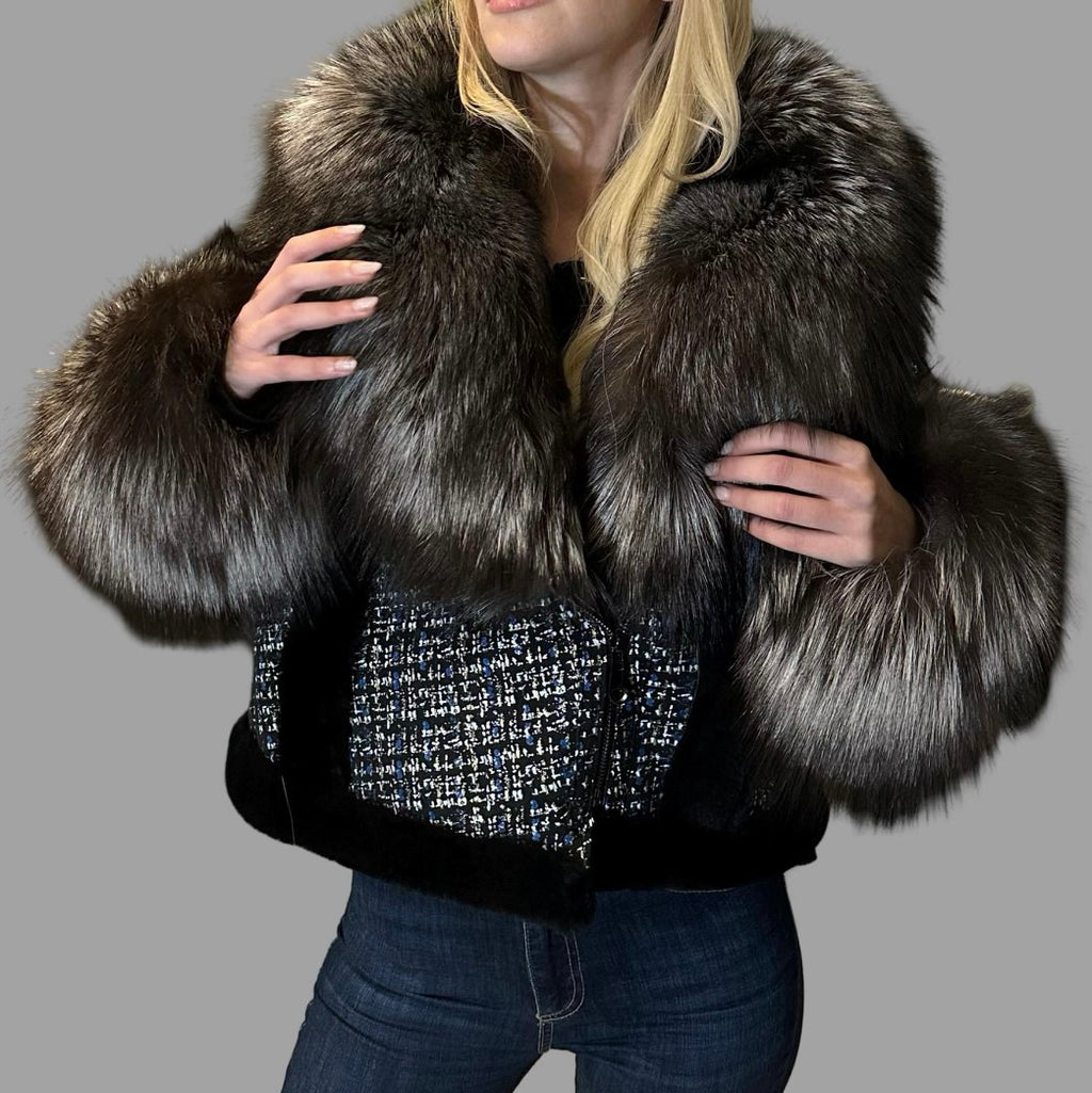 Short Lambskin Coat with Fox Fur Collar and Cuffs