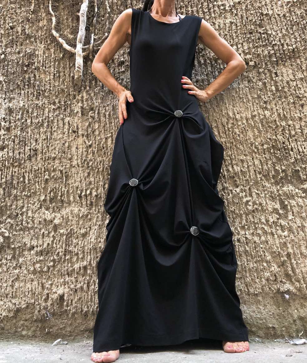 Black Asymmetric Sleeveless Cotton Dress with Button Draping