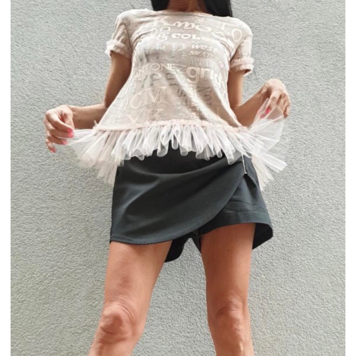 Black Skort Shorts / Cotton Stretch Shorts with Wrap Skirt Front & Zipper Detail