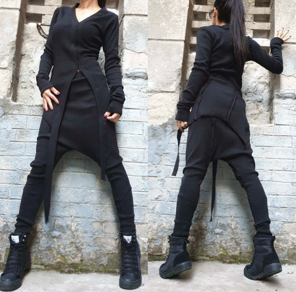 Black Asymmetric Cotton Rib Set with Harem Pants