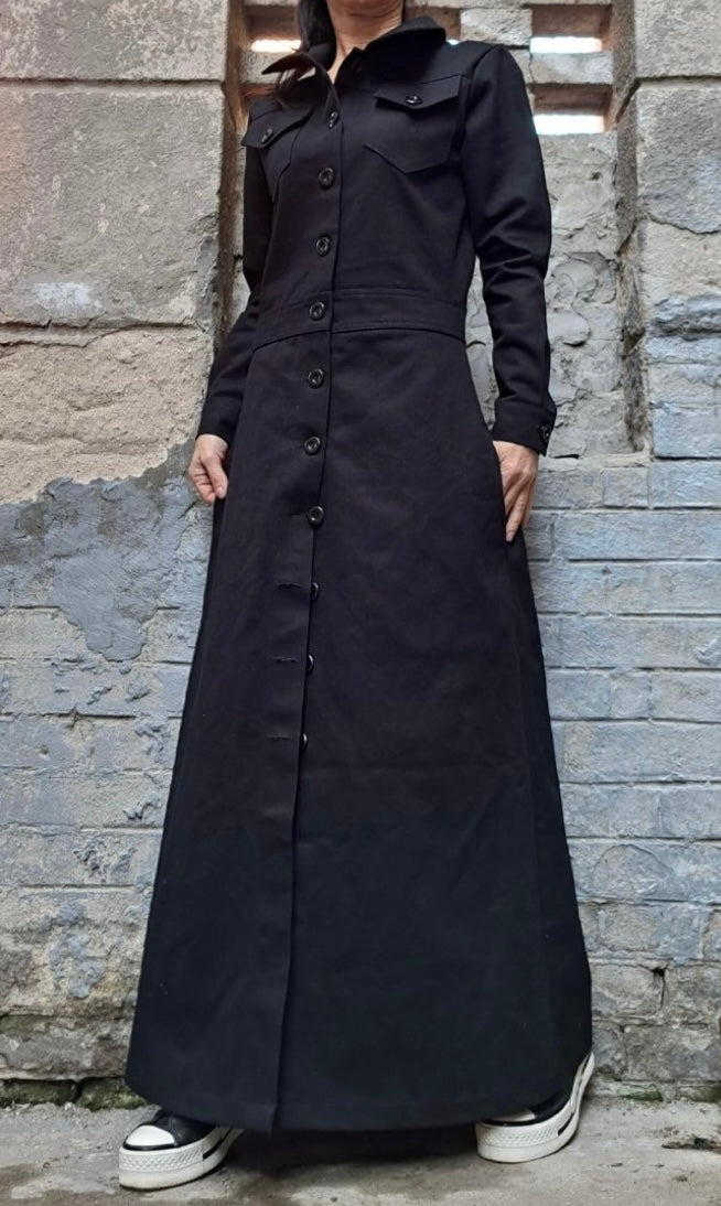 Black Denim Shirt Maxi Dress with Front Buttons and Pockets