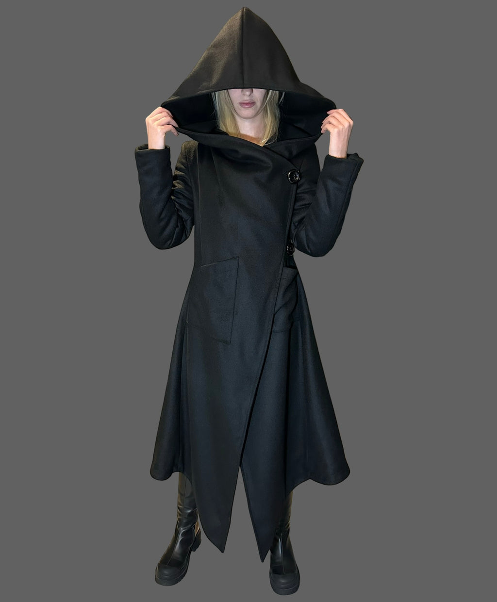 Asymmetric Black Hooded Coat – Avant-Garde Long Fleece Jacket