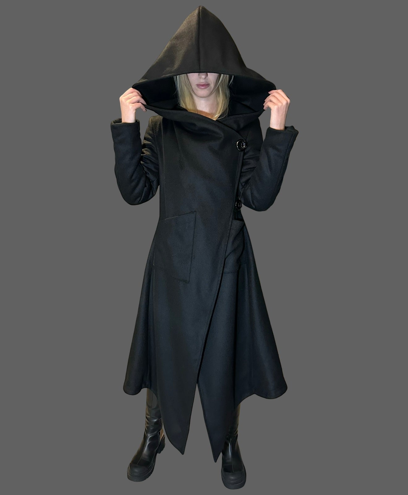 Asymmetric Black Hooded Coat – Avant-Garde Long Fleece Jacket