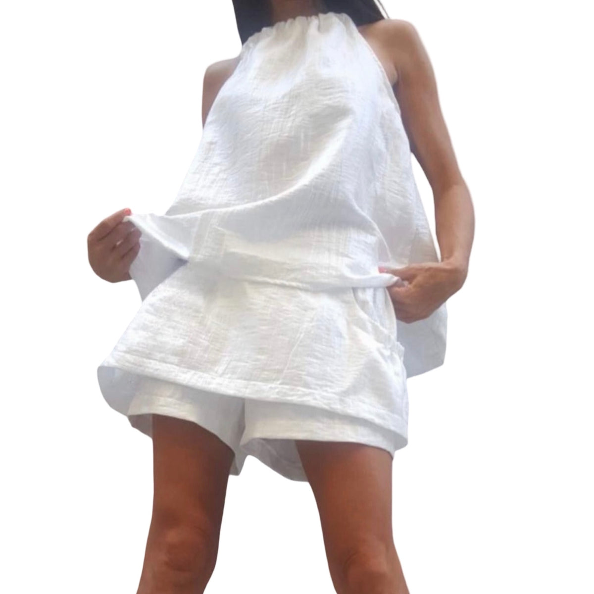White Linen Two-Piece Set / Open Back Halter Top & Elastic Waist Skort