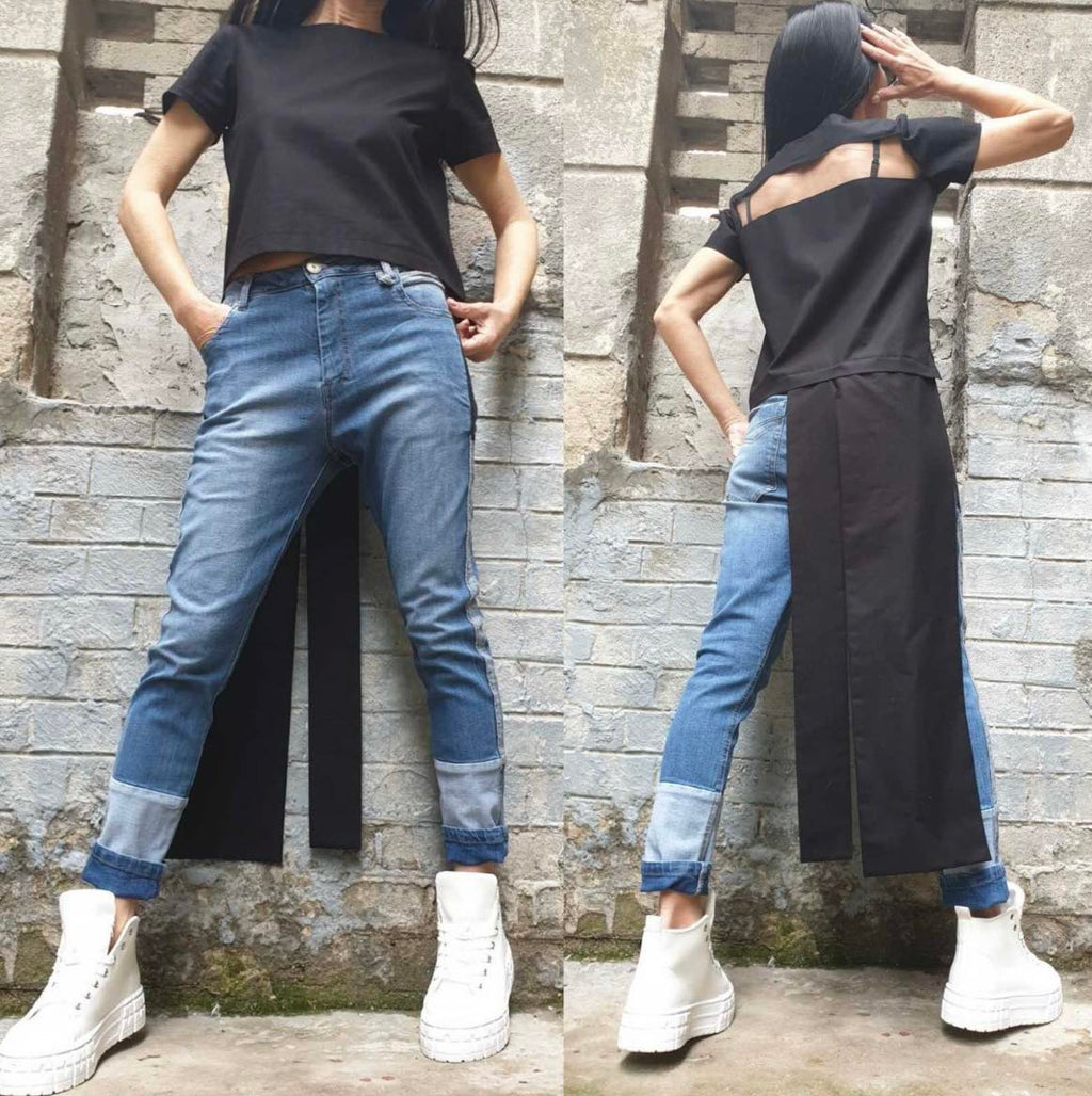 Black High Waist Asymmetric Pants with Tulle Cut-Out Detail