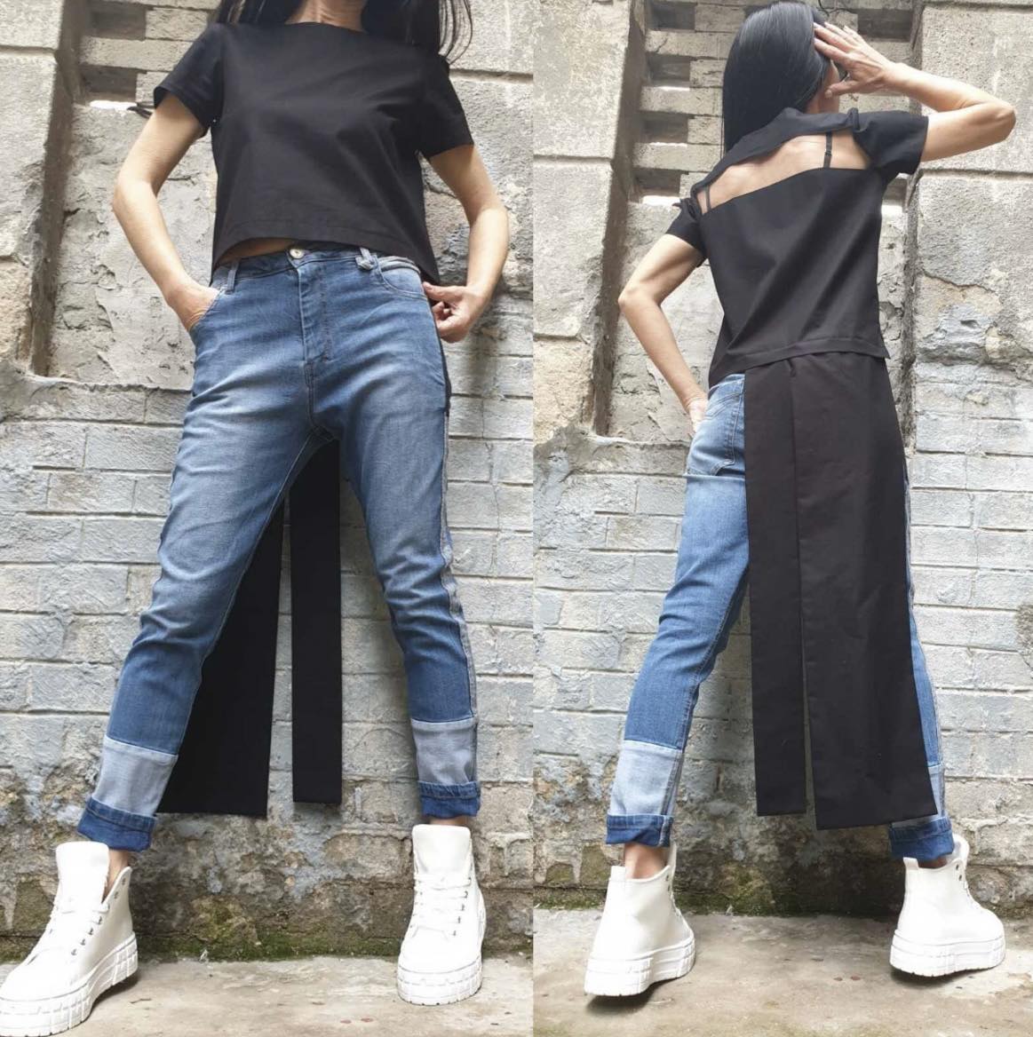 Black High Waist Asymmetric Pants with Tulle Cut-Out Detail