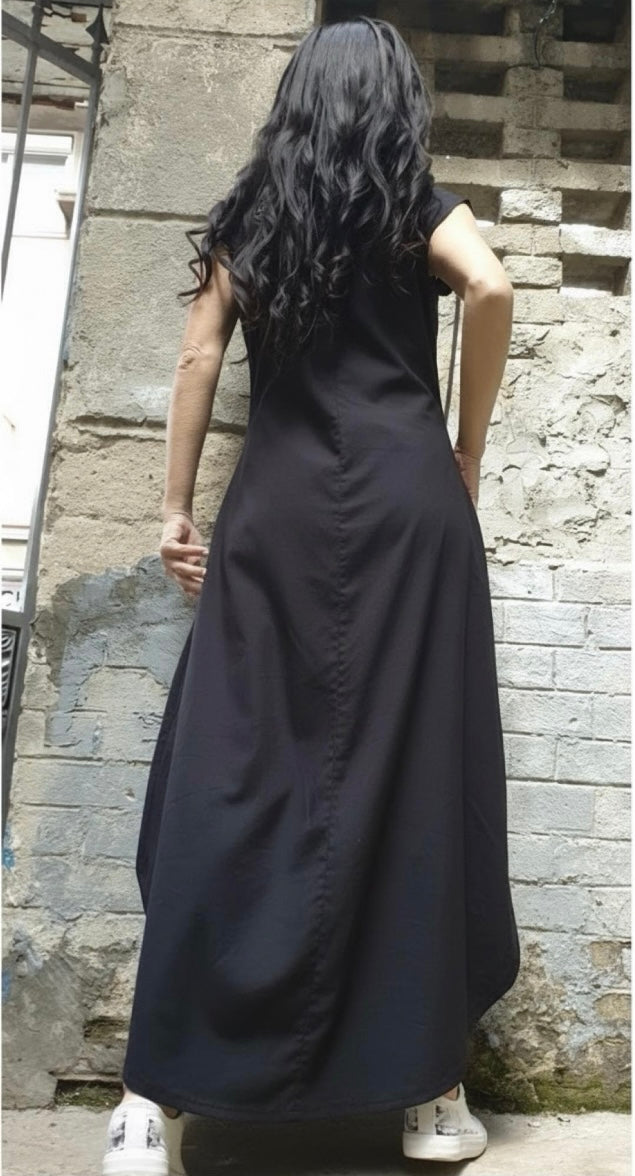 Black Asymmetric Sleeveless Cotton Dress – Short Front, Long Back