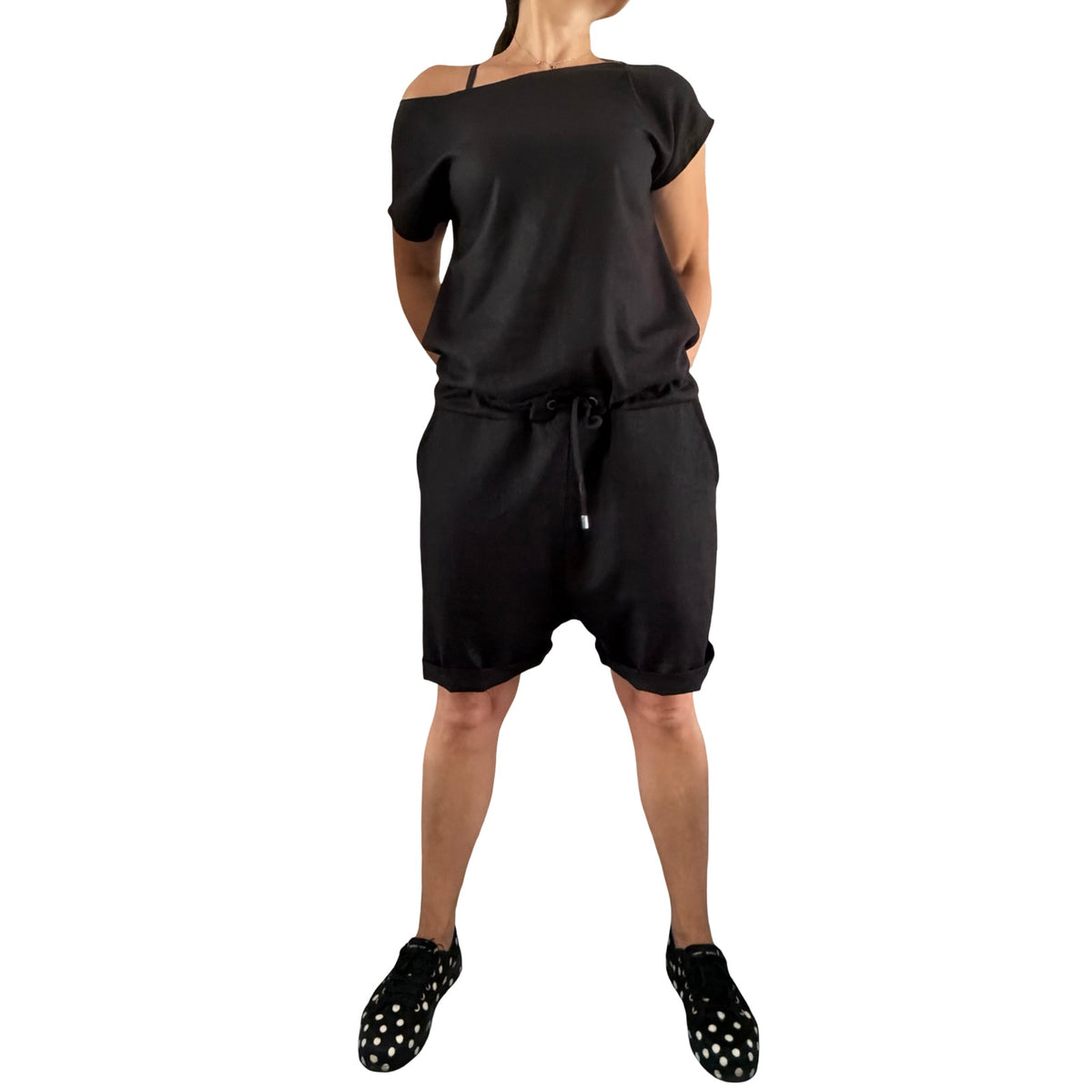 Black Linen Asymmetrical Short Jumpsuit with Open Back