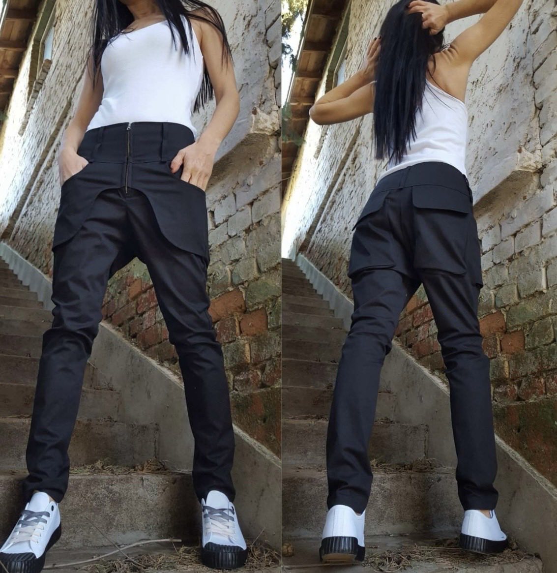 Black Asymmetric Cotton Pants with Front Zipper , Designer Urban Trousers