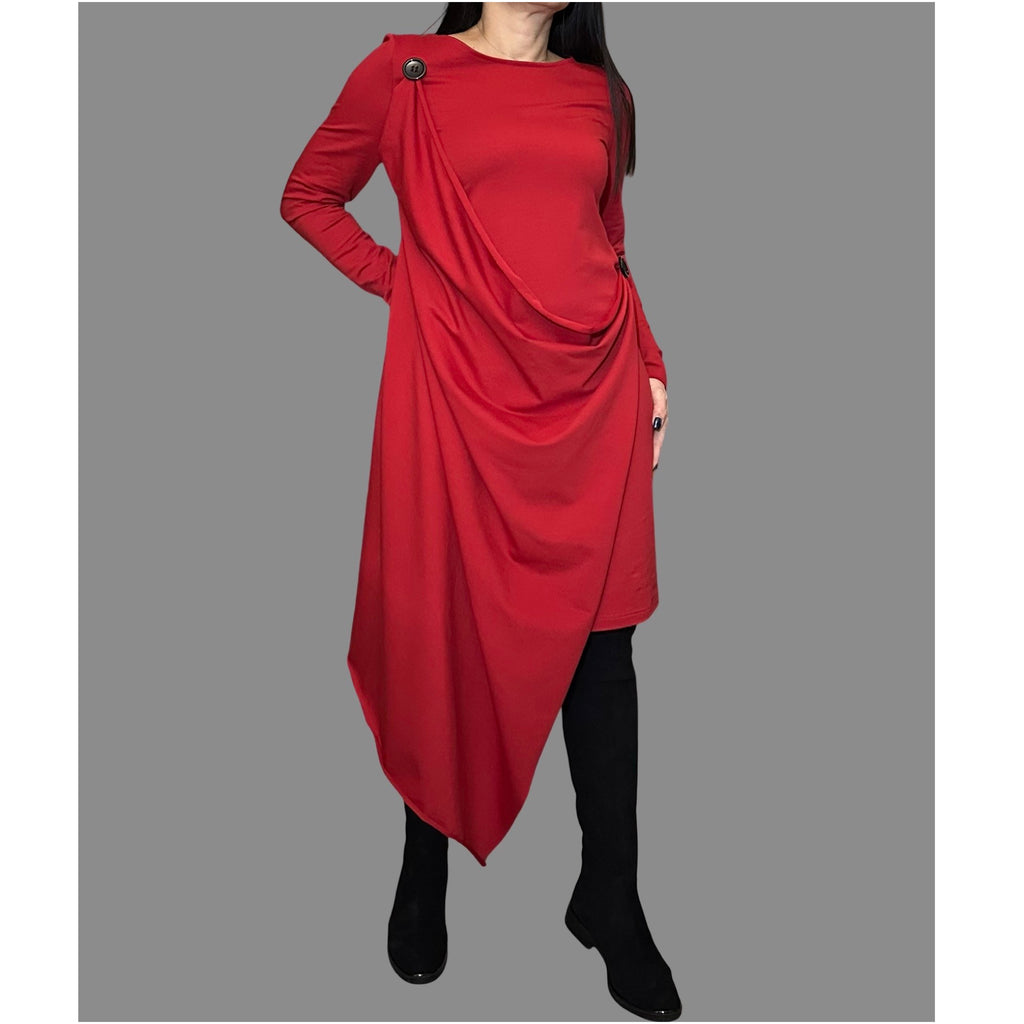 Red Asymmetrical Cotton Dress — Avant-Garde Draped Tunic