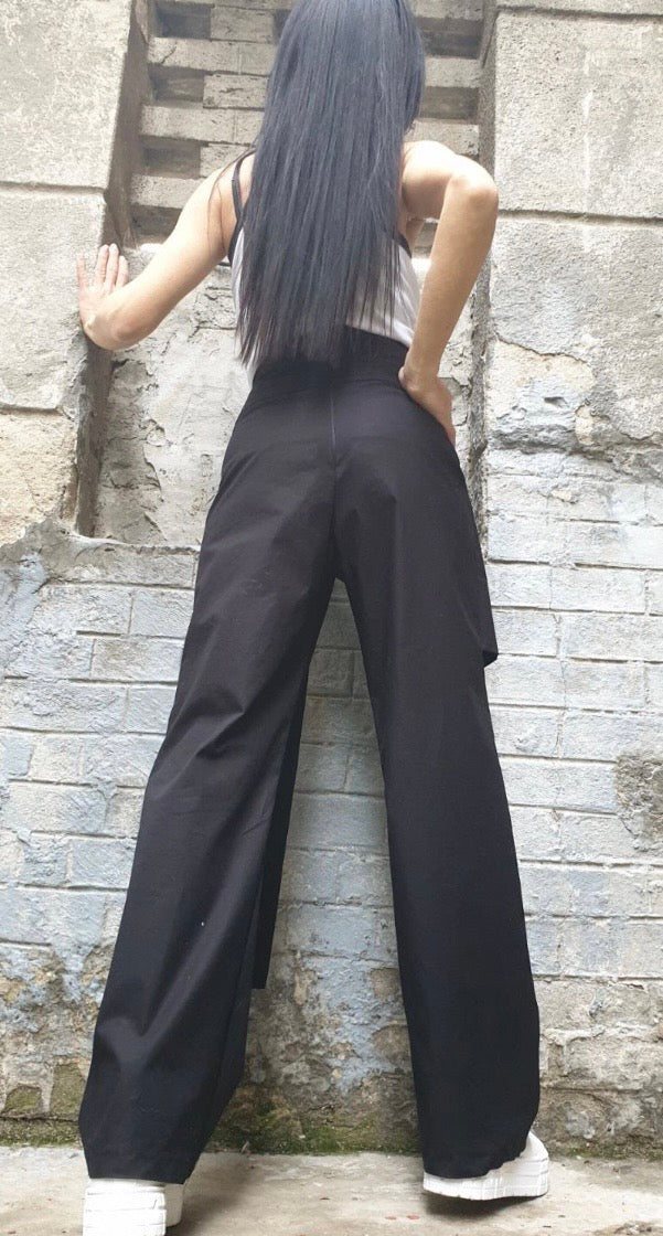 Black High Waist Asymmetric Pants with Tulle Cut-Out Detail