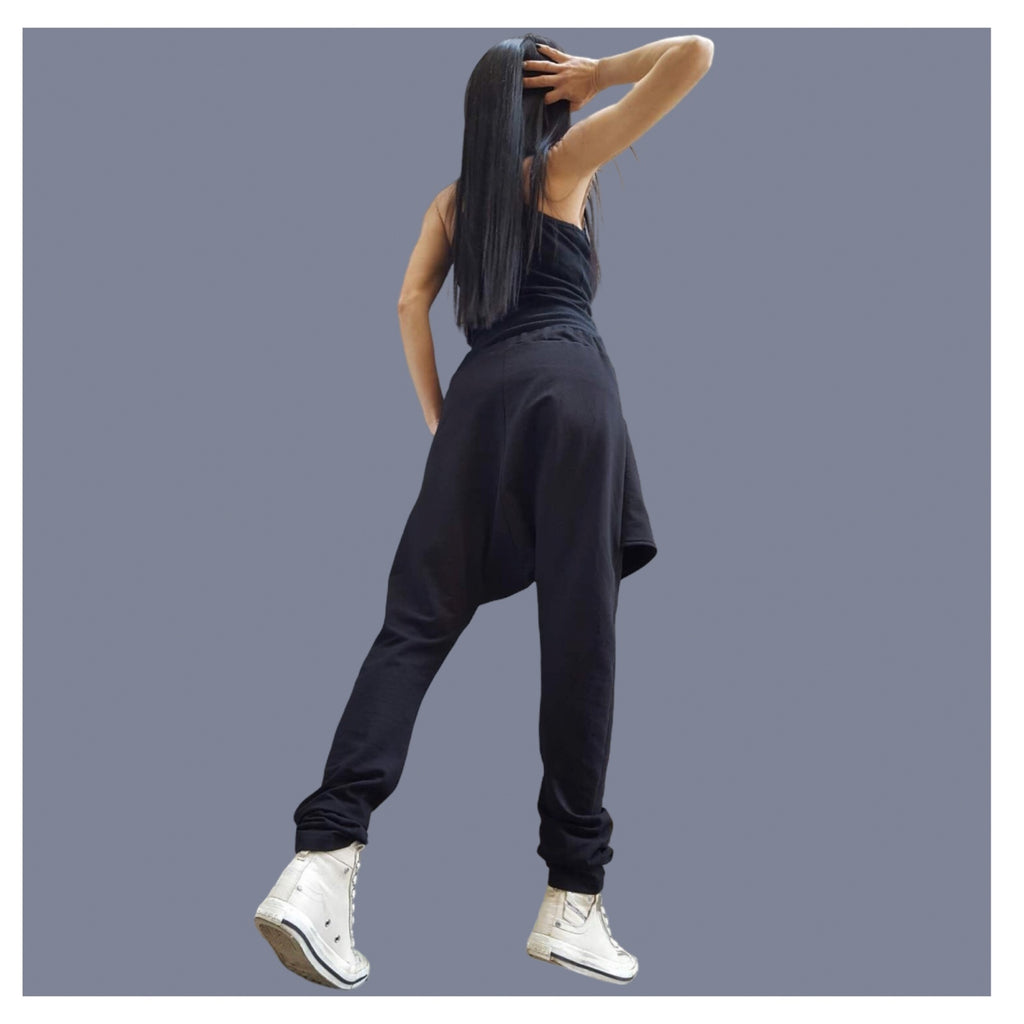 Black Cotton Harem Pants with White Asymmetrical Detail / Drop Crotch Pants