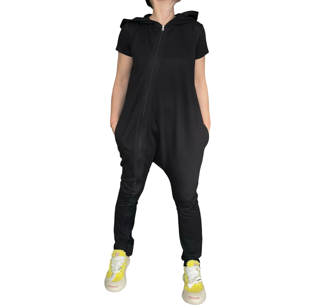 Black Hooded Harem Jumpsuit / Cotton Stretch Zip Front Romper with Pockets