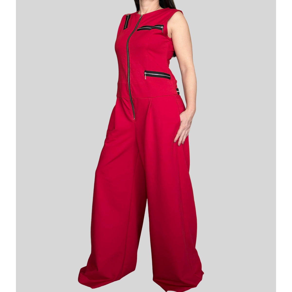 Red Sleeveless Cotton Jumpsuit with Decorative Zippers / Avant-Garde Wide Leg One Piece