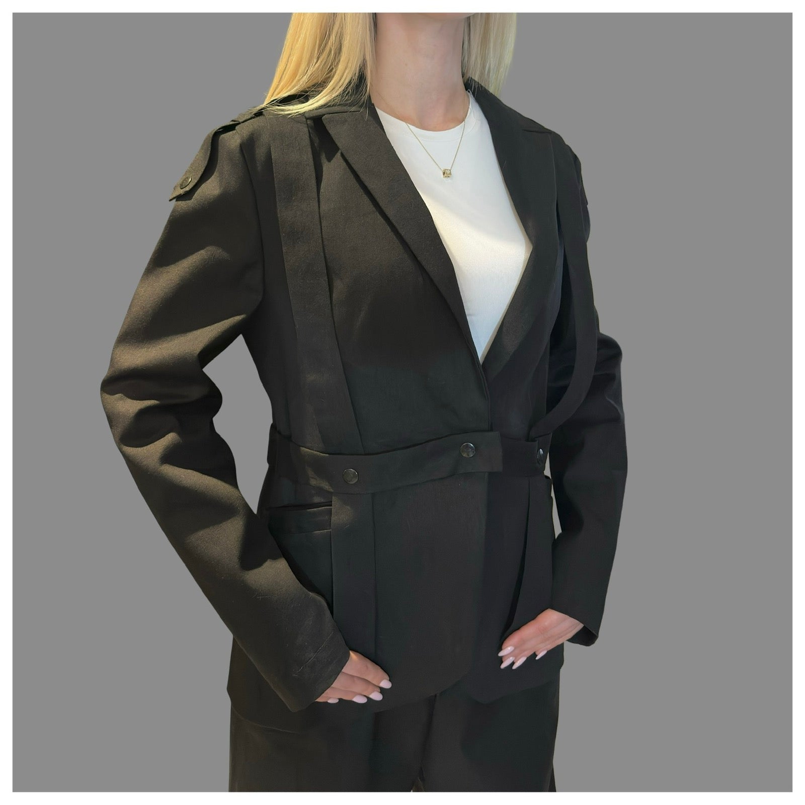 Black Denim Blazer with Front Pockets and Asymmetric Straps
