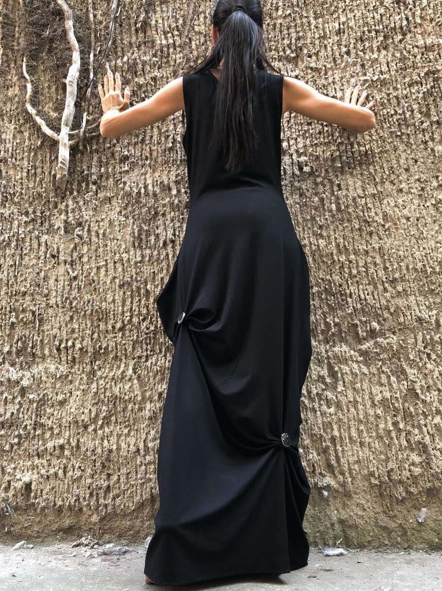 Black Asymmetric Sleeveless Cotton Dress with Button Draping