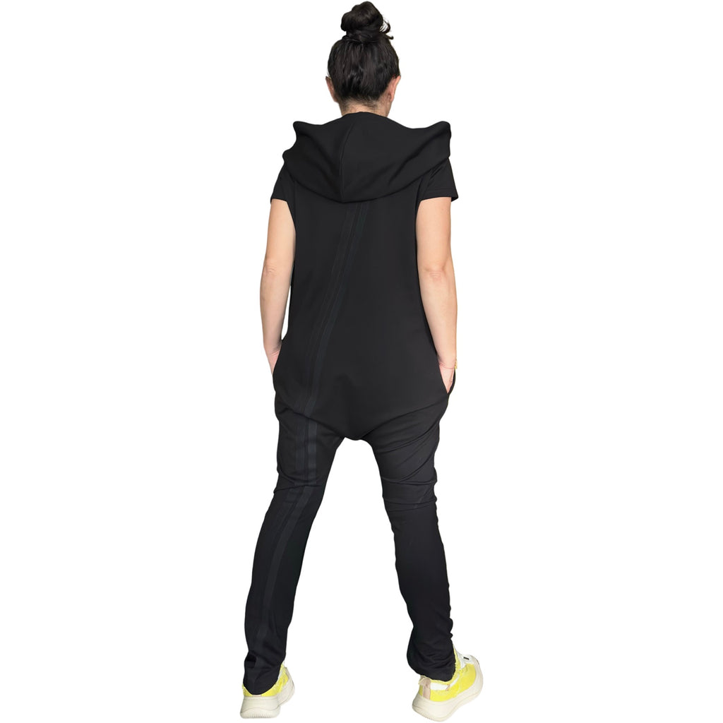 Black Hooded Harem Jumpsuit / Cotton Stretch Zip Front Romper with Pockets