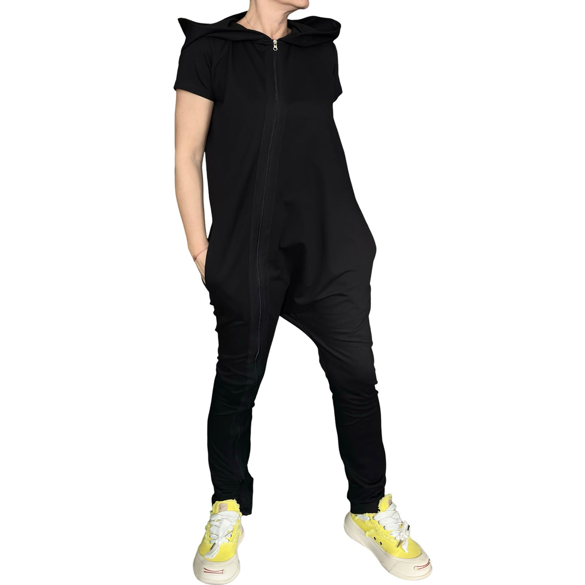 Black Hooded Harem Jumpsuit / Cotton Stretch Zip Front Romper with Pockets
