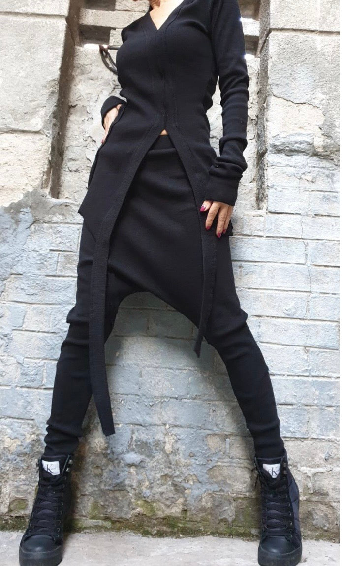 Black Asymmetric Cotton Rib Set with Harem Pants