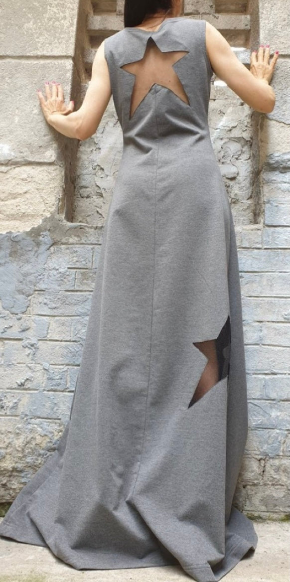 Gray Sleeveless Maxi Dress with Hand-Cut Star Details