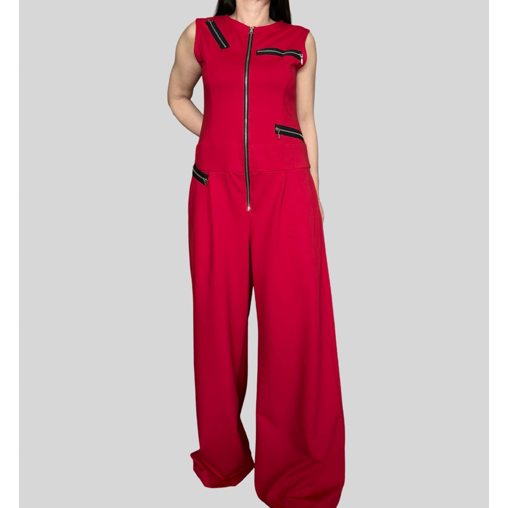 Red Sleeveless Cotton Jumpsuit with Decorative Zippers / Avant-Garde Wide Leg One Piece
