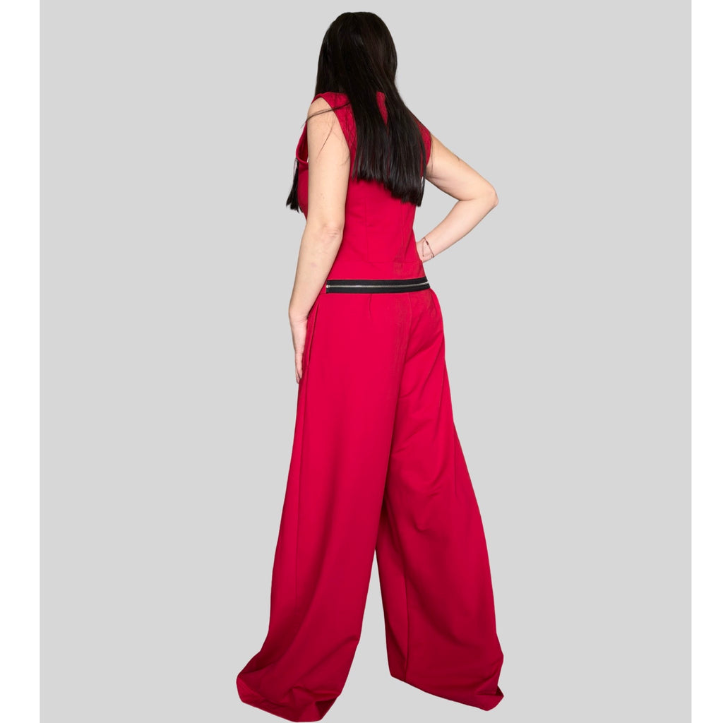Red Sleeveless Cotton Jumpsuit with Decorative Zippers / Avant-Garde Wide Leg One Piece