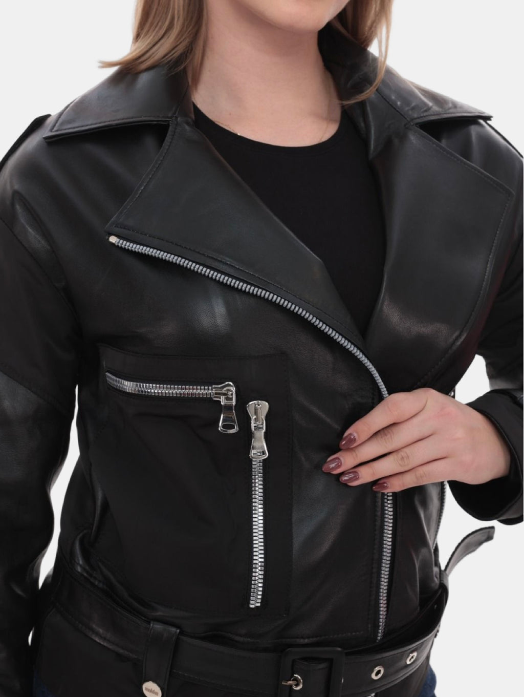 Black Asymmetric Lambskin Jacket with Waterproof Panels