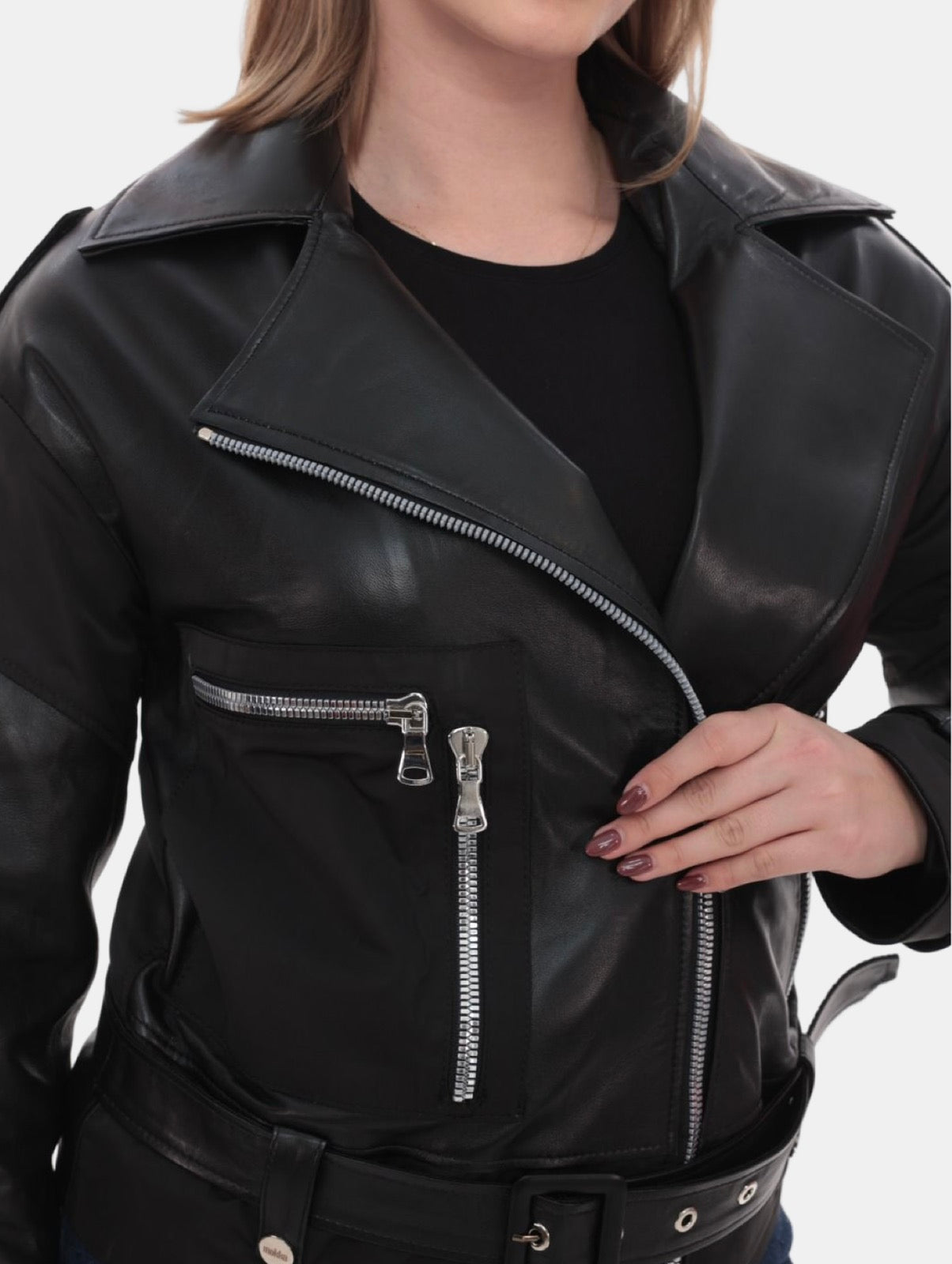 Black Asymmetric Lambskin Jacket with Waterproof Panels