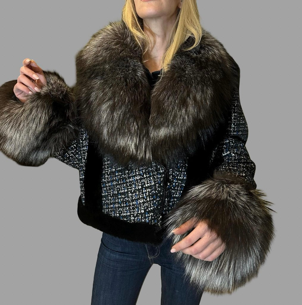Short Lambskin Coat with Fox Fur Collar and Cuffs