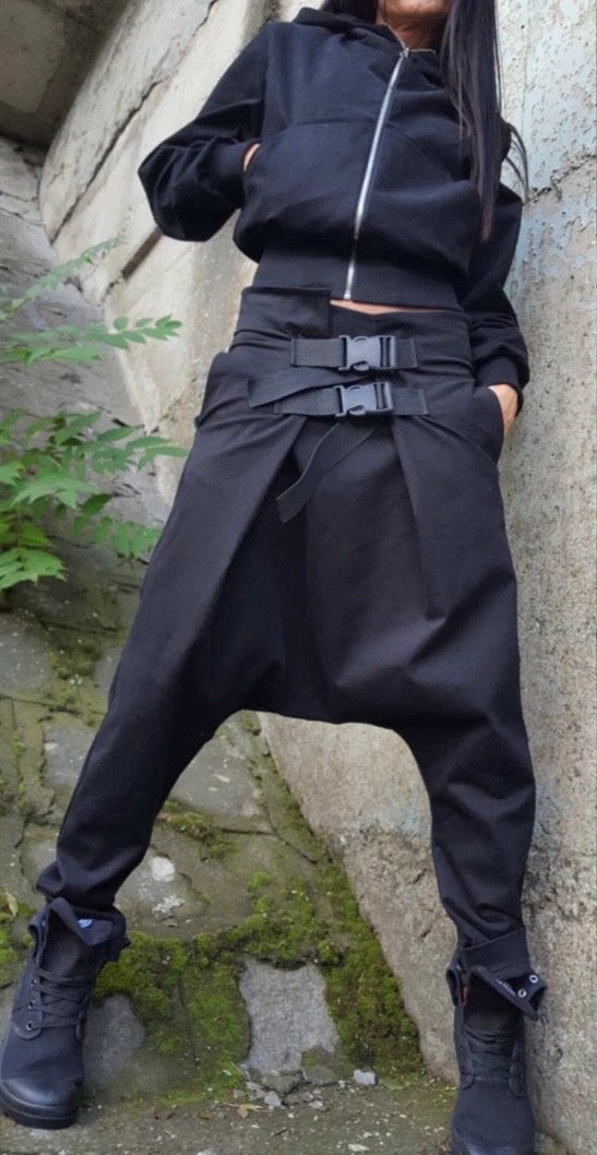 Black Low Waist Harem Pants with Asymmetric Front and Buckle Detail