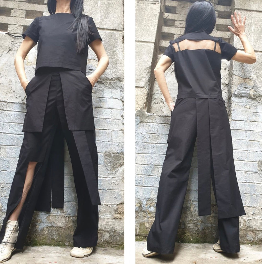 Black High Waist Asymmetric Pants with Tulle Cut-Out Detail