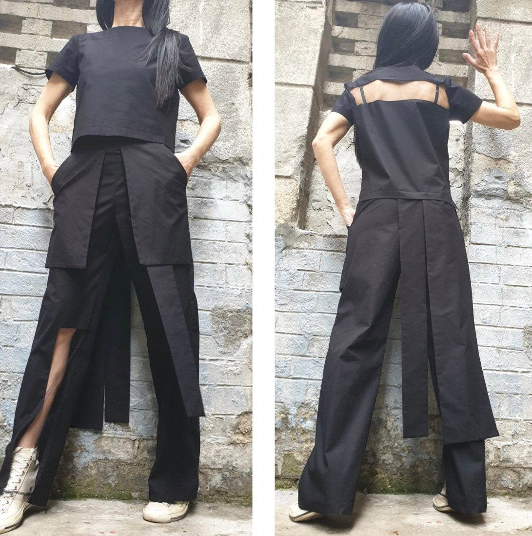 Black High Waist Asymmetric Pants with Tulle Cut-Out Detail