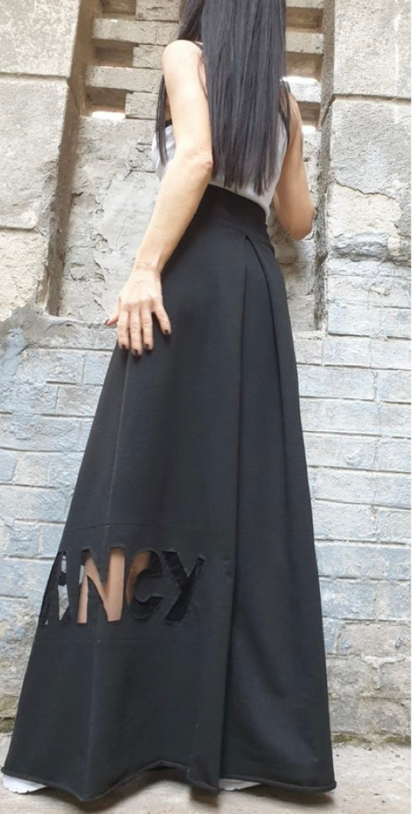 Black High Waist Maxi Skirt with Hand-Cut Fancy Detail