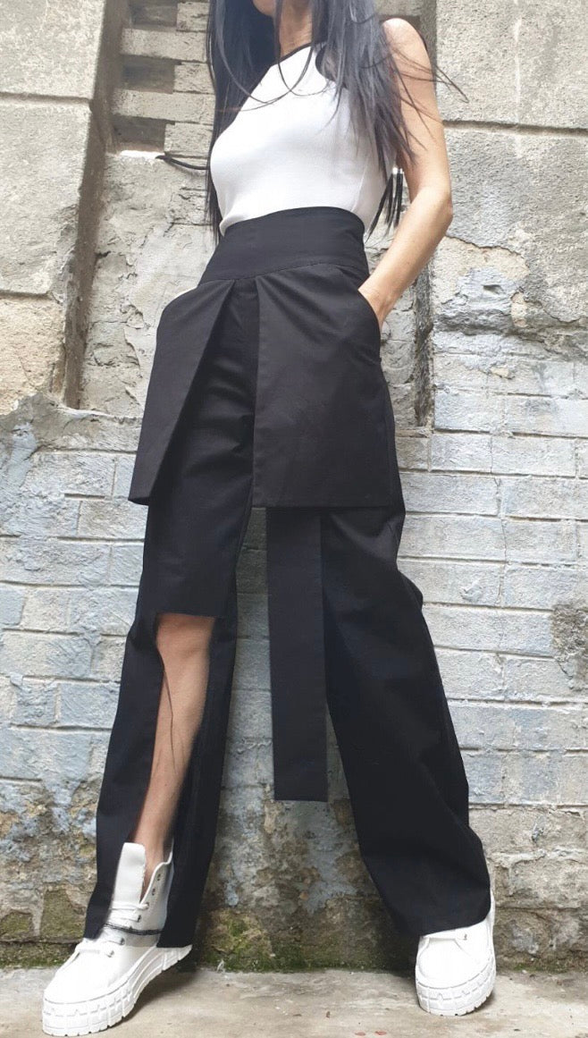 Black High Waist Asymmetric Pants with Tulle Cut-Out Detail