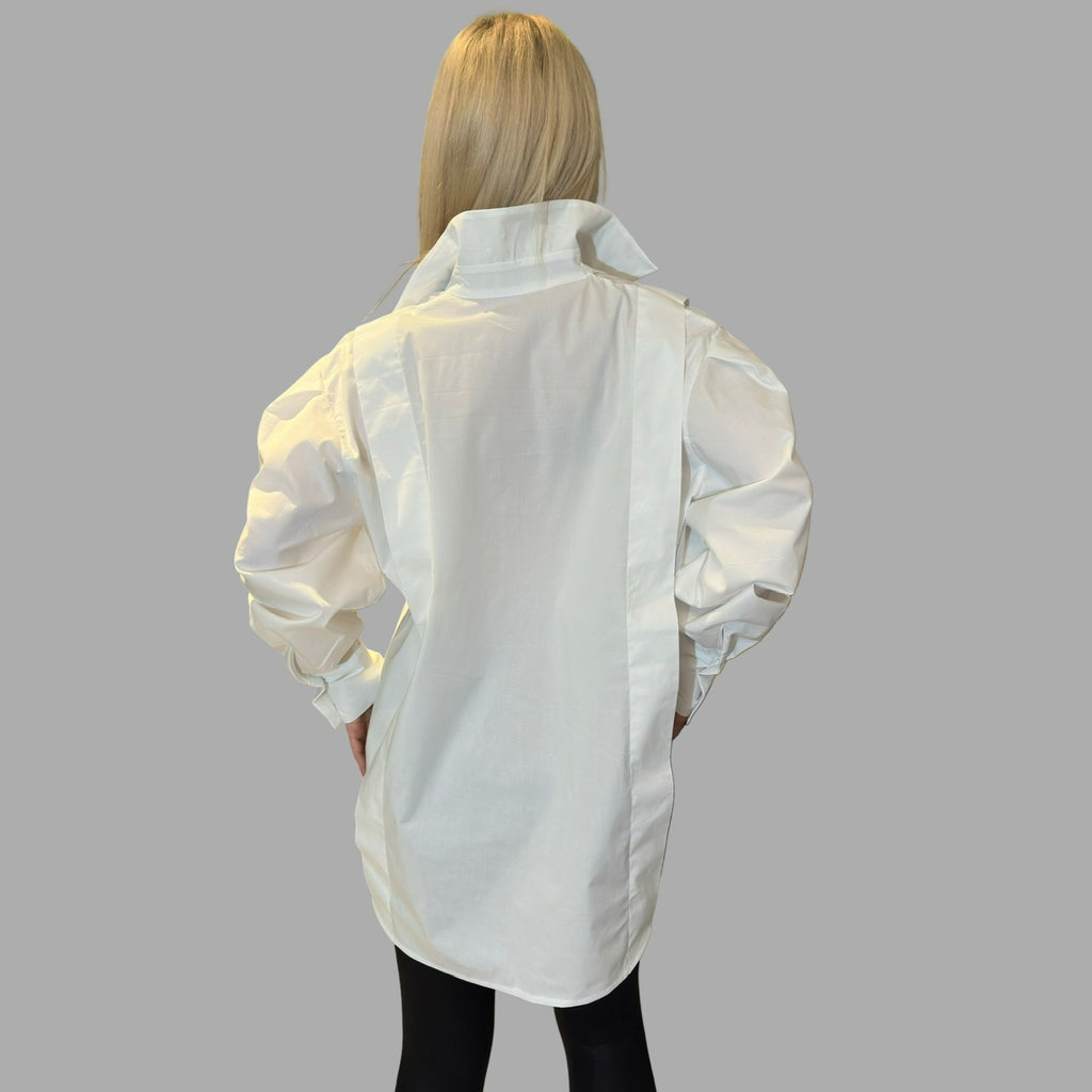 White Asymmetric Button-Up Shirt with Statement Collar