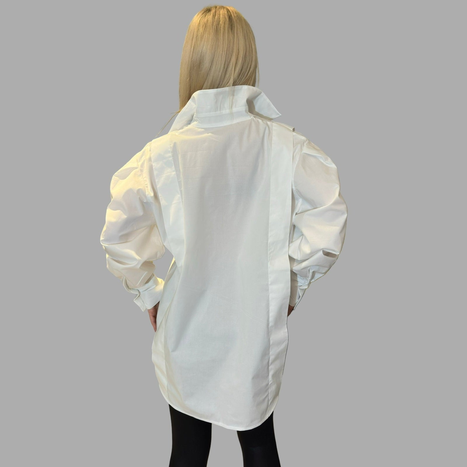 White Asymmetric Button-Up Shirt with Statement Collar
