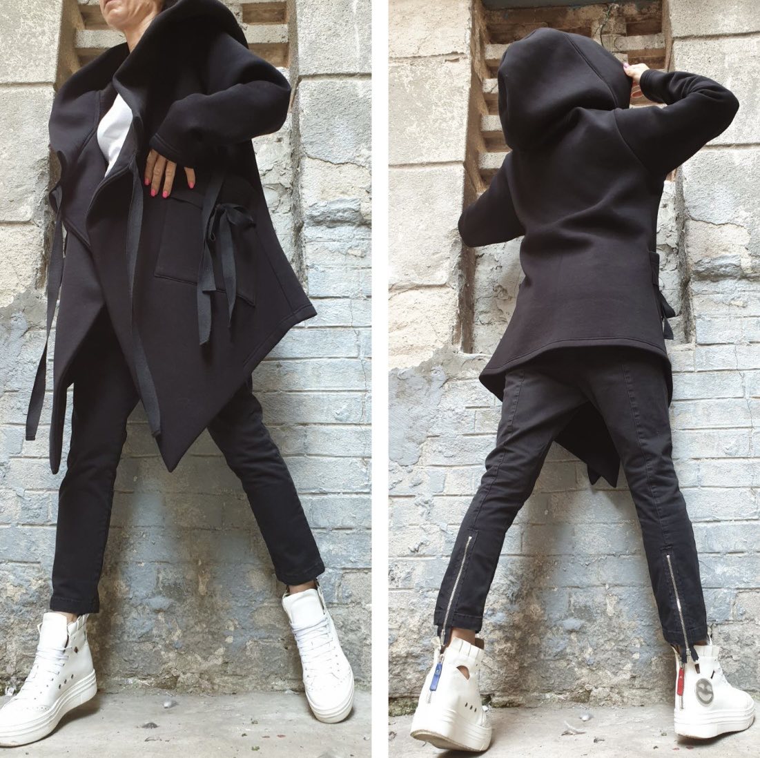 Black Asymmetric Hooded Coat with Front Pockets and Tie Closure