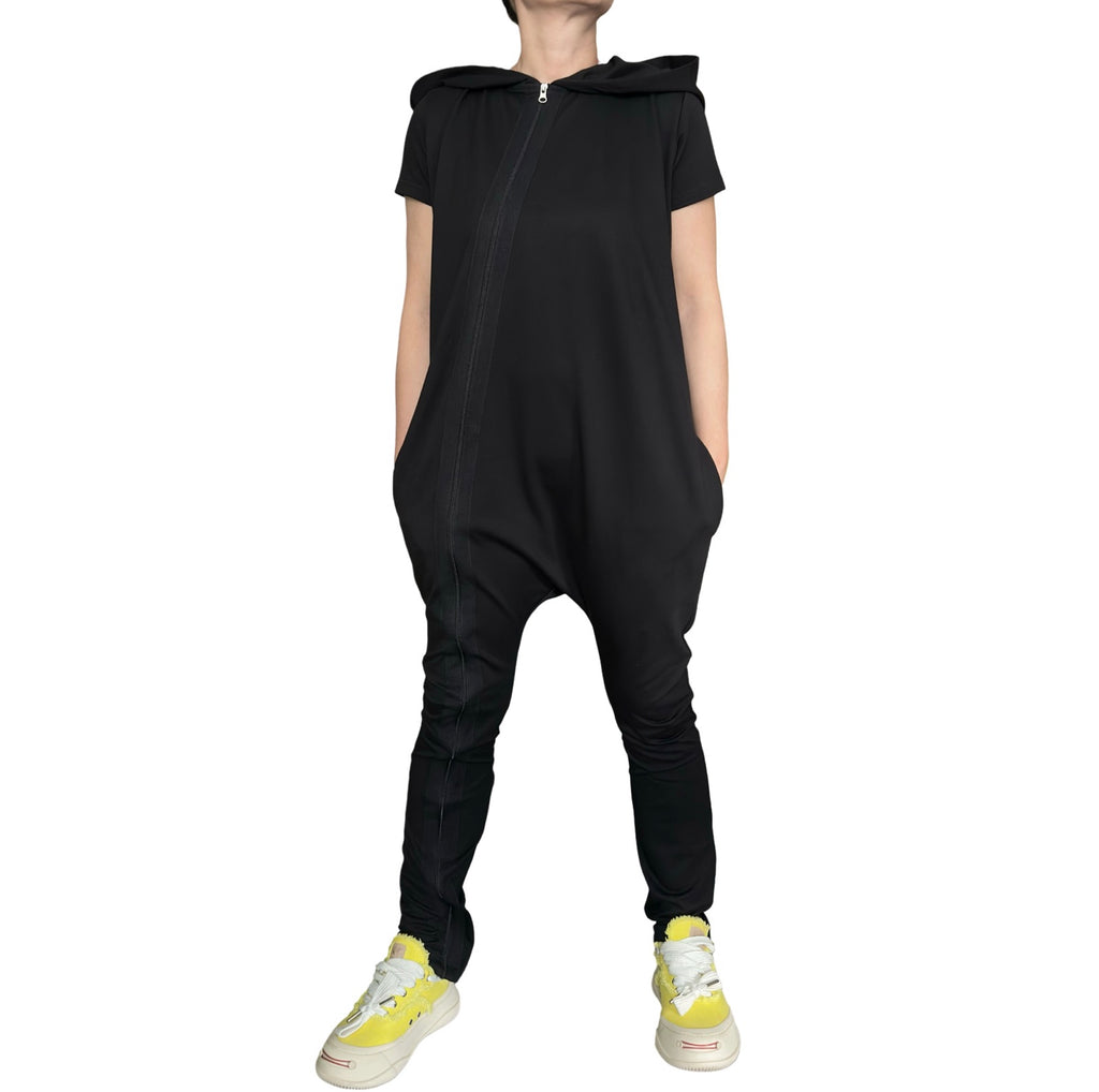 Black Hooded Harem Jumpsuit / Cotton Stretch Zip Front Romper with Pockets