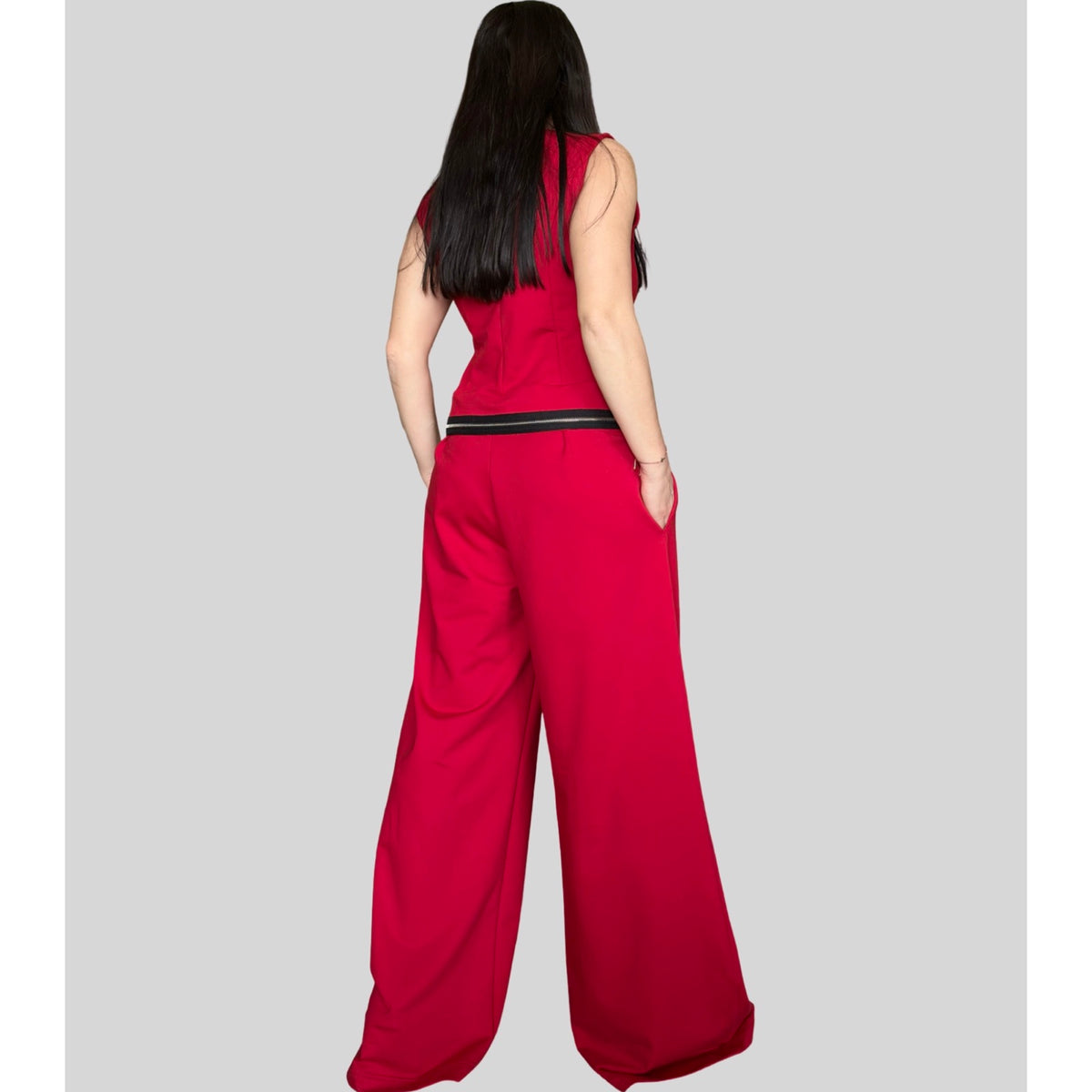 Red Sleeveless Cotton Jumpsuit with Decorative Zippers / Avant-Garde Wide Leg One Piece