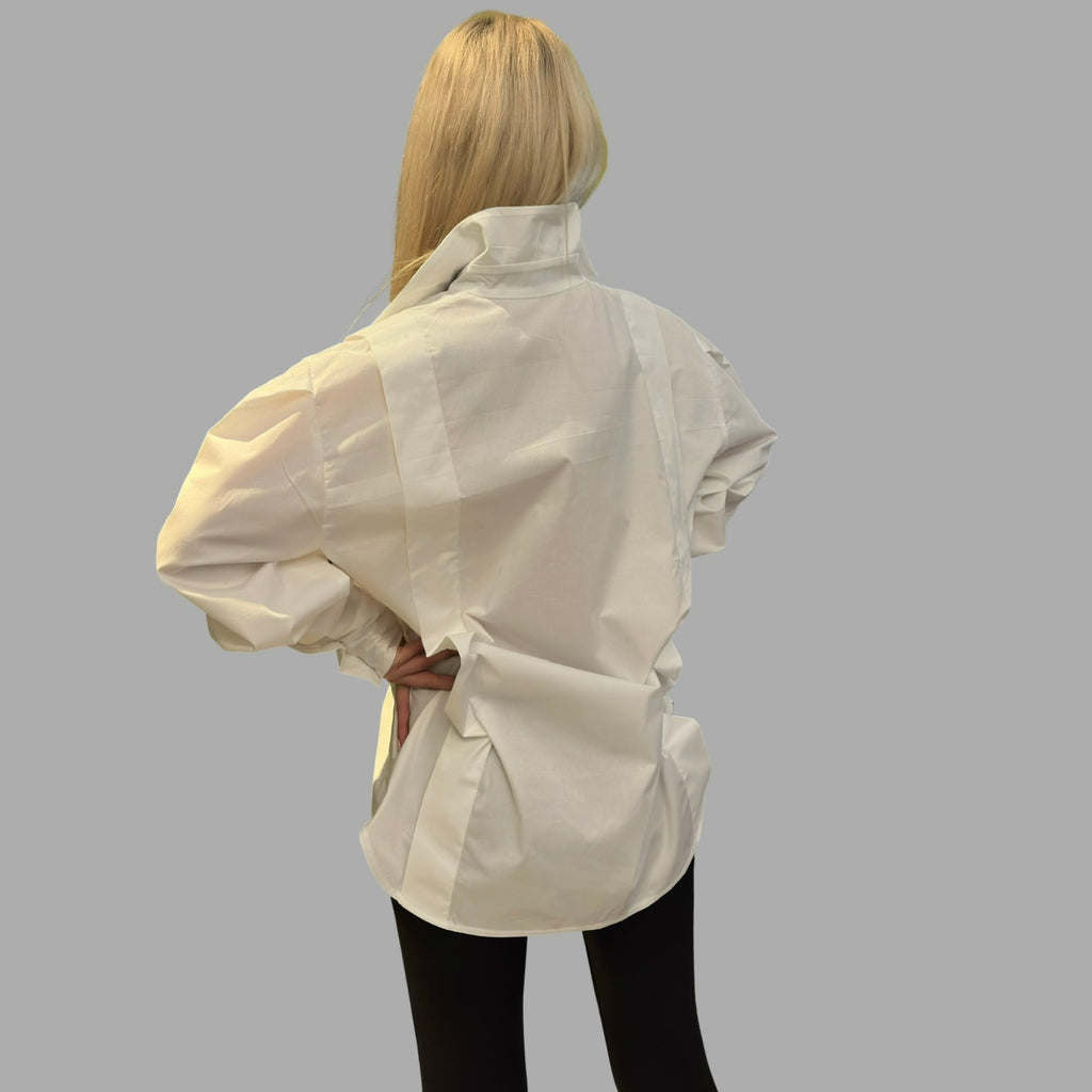 White Asymmetric Button-Up Shirt with Statement Collar