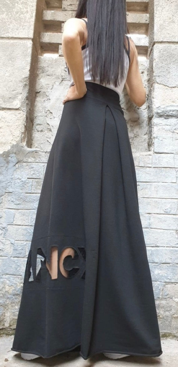 Black High Waist Maxi Skirt with Hand-Cut Fancy Detail