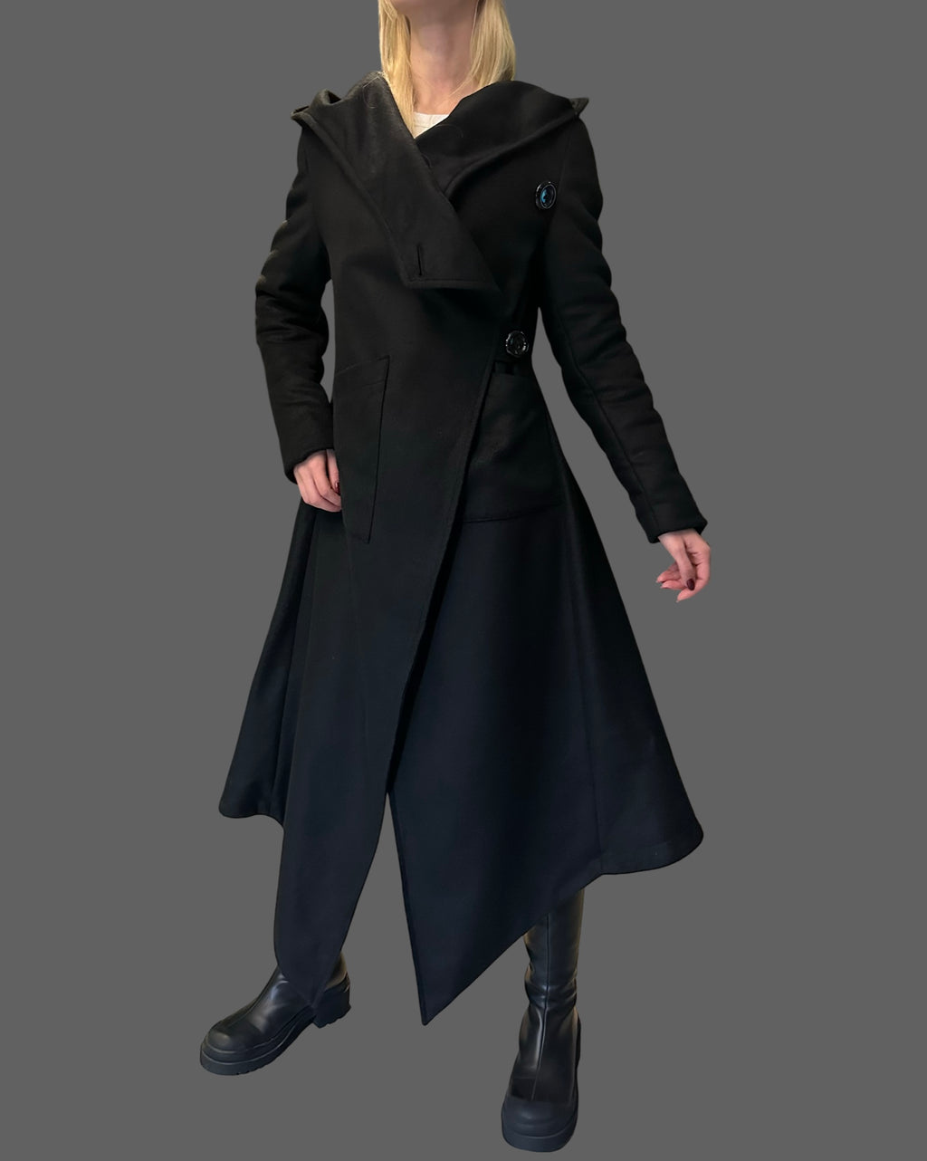 Asymmetric Black Hooded Coat – Avant-Garde Long Fleece Jacket