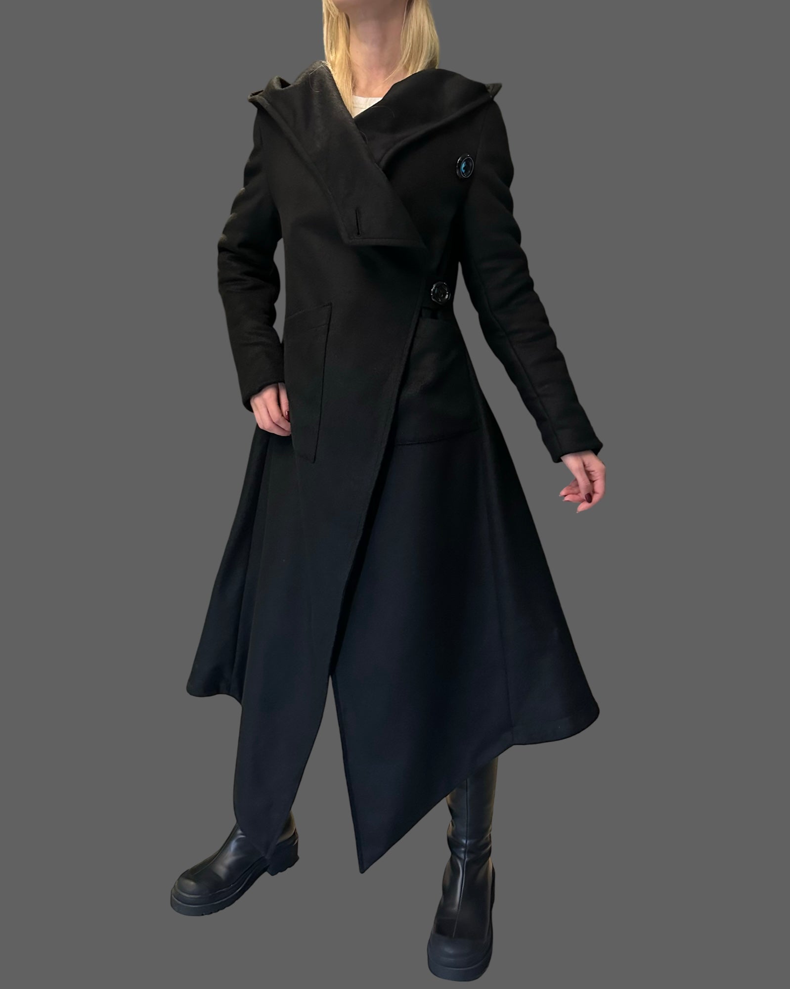 Asymmetric Black Hooded Coat – Avant-Garde Long Fleece Jacket