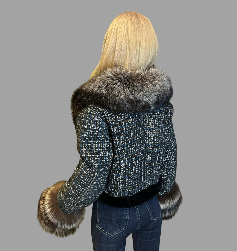 Short Lambskin Coat with Fox Fur Collar and Cuffs