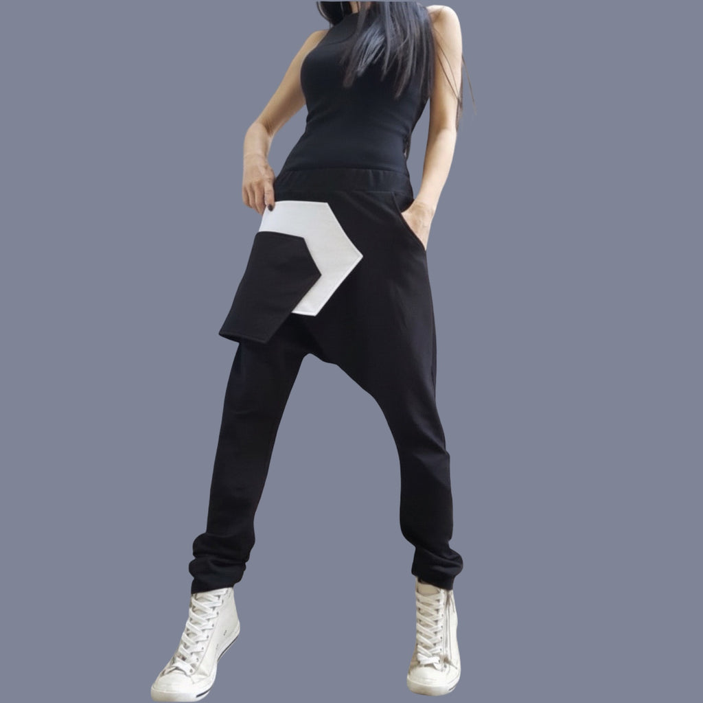 Black Cotton Harem Pants with White Asymmetrical Detail / Drop Crotch Pants