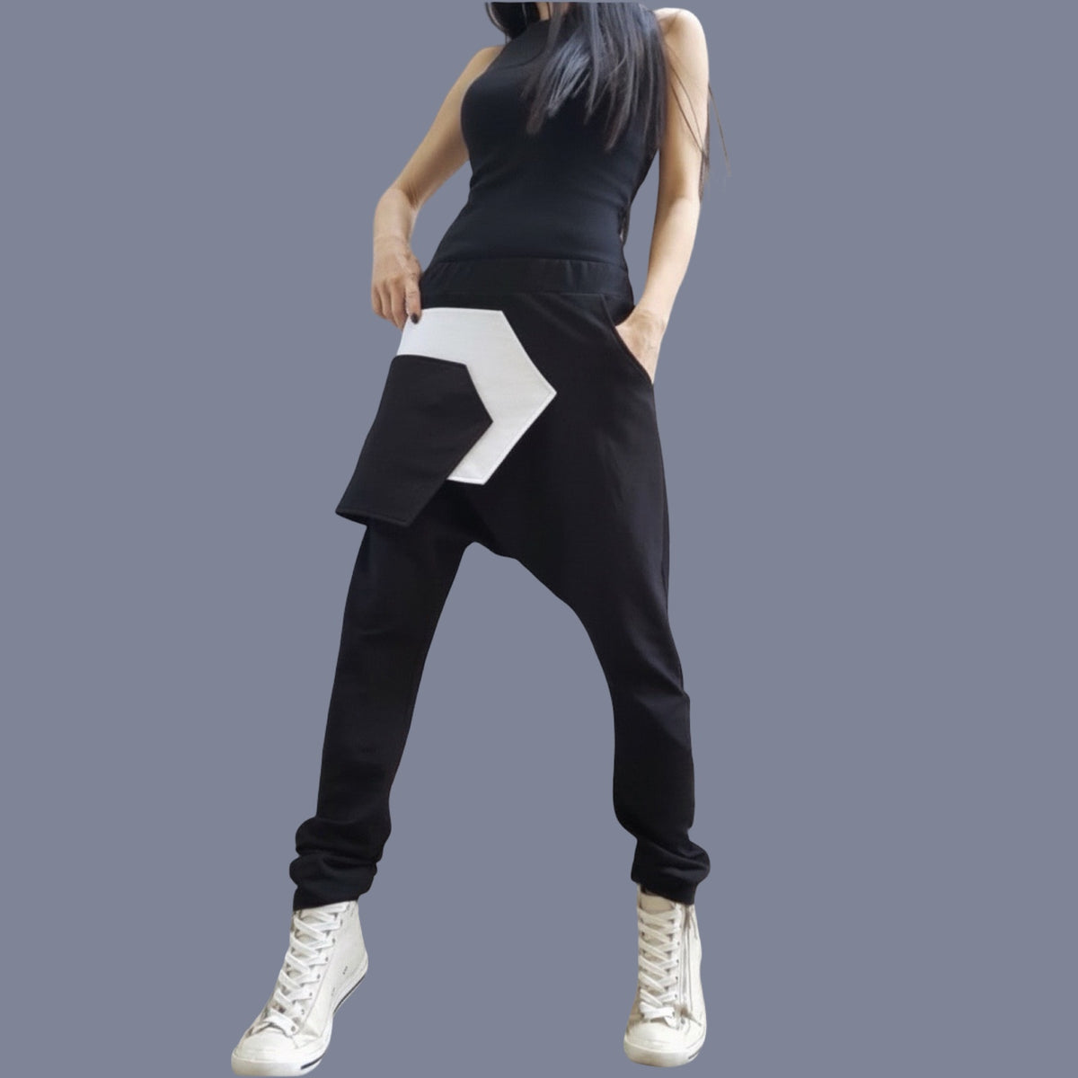 Black Cotton Harem Pants with White Asymmetrical Detail / Drop Crotch Pants