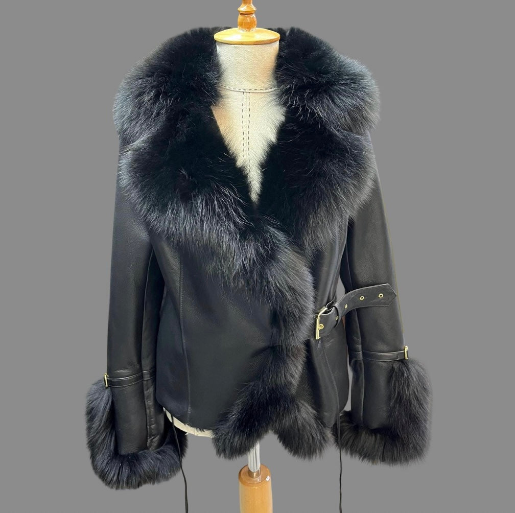 Black Shearling Coat with Fox Fur Collar and Cuffs