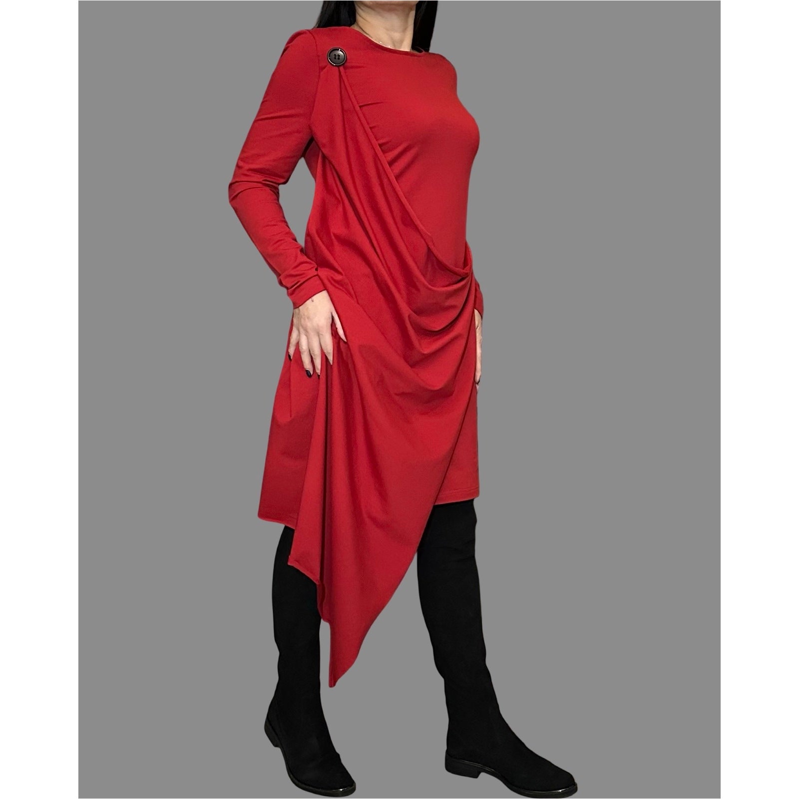 Red Asymmetrical Cotton Dress — Avant-Garde Draped Tunic